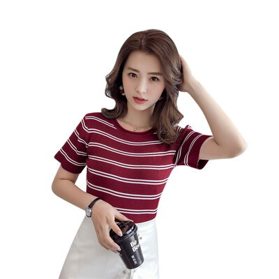 

Skinny Knitted T shirt Women Crop Top Ladies Summer Tee Shirt Contrast Striped Top Round Neck Short Sleeve Crop T-shirt 4 Color