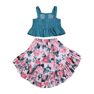 

Summer Baby Children Girls Suits Children Clothing Blue Dot Sling Tops Floral Dresses Two-piece Suit Size 90-130