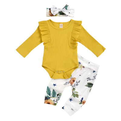 

3pcs Infant Newborn Baby Girl Clothes long sleeve ruffle Romper floral Long Pants headband Outfits clothes set for 0-24m