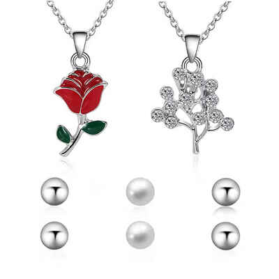

European Style Women Rose Pendenat Necklace Girl Sparkling Rhinestone Chain with Pearl Earrings Gift Jewelry
