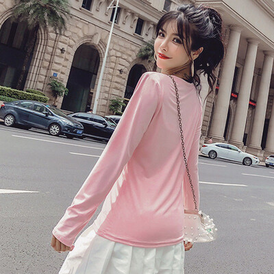 

Fashion Solid Colors Korean Style Women T-shirts O Neck Cotton Blend Tshirt Long Sleeve Sweet Loose T Shirt harajuku