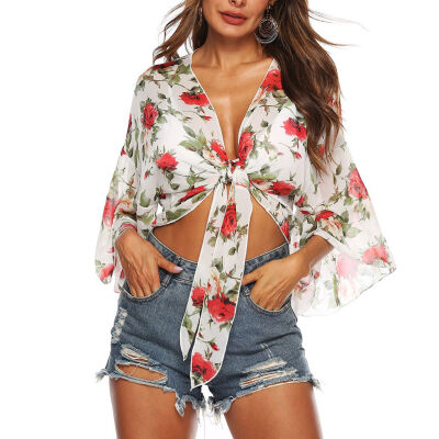 

Women V-neck Floral Pattern Long Sleeves Shirt Ladies Chiffon Top Girl Blouse