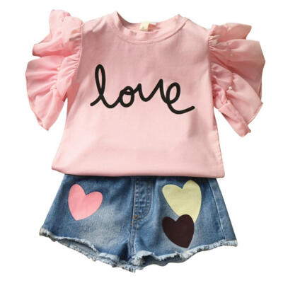 

Autumn Collocation Childrens Clothing Girl Love Letter Short Sleeve T-shirts Heart Mini Shorts Clothes for Girls