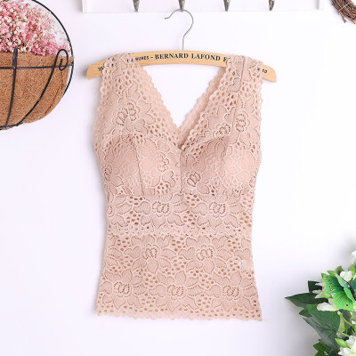 

Sexy V-Neck Sleeveless Solid Color Lace Flower With Chest Pad Women Camisoles Breathable Autumn And Winter Slim Tops Female Vest