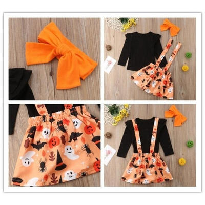 

Cute Baby Girl Solid Color Long Sleeve T-Shirt Top Halloween Pumpkin Ghost Bats strap dress Headband 3 Piece Set