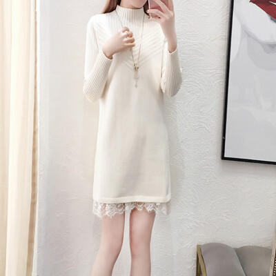 

Autumn Winter New Lace Patchwork Solid Color Dress Fashion Sweet Turtleneck Long Sleeve Women Knit Dress