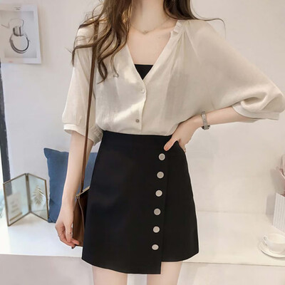 

Women Autumn Fashion Sexy Solid Color Single-breasted Loose V Collar Half Sleeve Blouse Simple Casual T-Shirt Tops