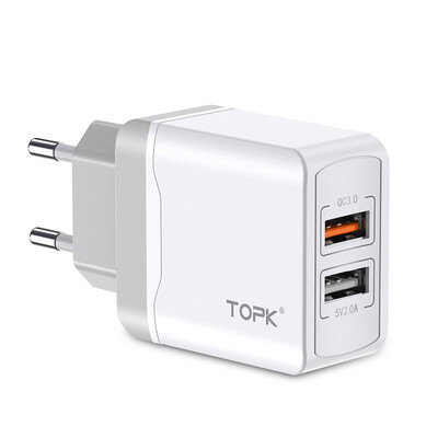 

TOPK Quick Charge 30 18W QC 30 Dual USB Charger Adapter EU Plug Travel Wall Mobile Phone Charger for iPhone Samsung Xiaomi