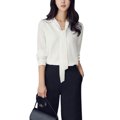 

Spring New Women Blouses Elegant Long-Sleeved Long Tie Loose Chiffon Shirt Solid Color Blusas