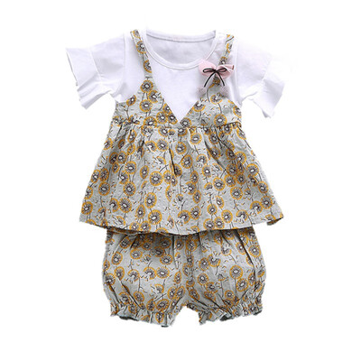 

Children Girls Cotton Clothes Casual Summer Fake 2 Piece Short Sleeve Floral Print T-shirtShorts Fashion Suits 2Pcs Costume Set