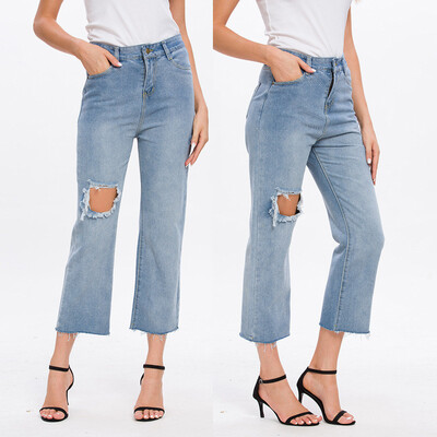 

Gobestart Fashion Womens Button Pocket Hole Trousers Jeans Casual Denim Wide Leg Pants