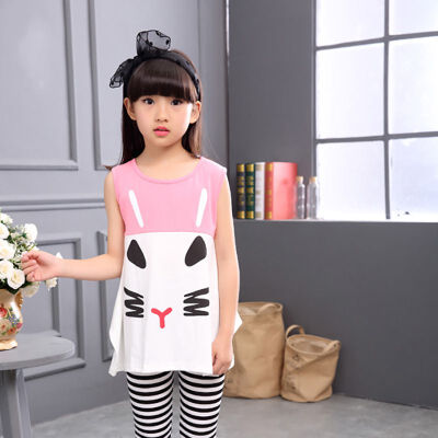 

Children Girls Cartoon Sleeveless Tops Suits VestStriped Pants Summer Baby Girl Cotton Trousers Outfits Set Children Clothing