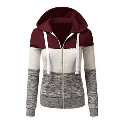

Women Hooded Plus Size Autumn Winter Warm Casual Zipper Three-Color Stitching Slim Long-Sleeved Tops