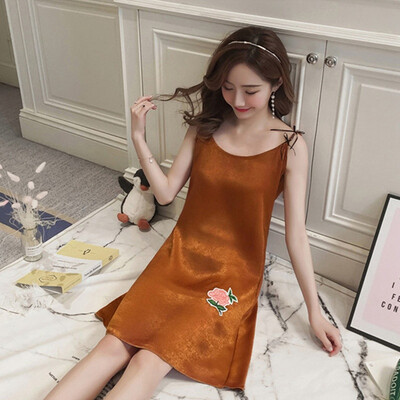 

Female Summer Chiffon Sexy Embroidered Sling Solid Color Nightdress