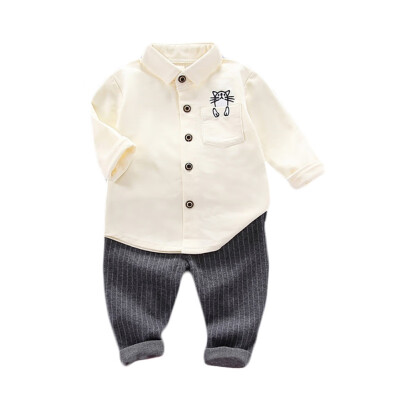 

Autumn Baby Boys Casual Long Sleeve Cartoon Cat Print Shirt Blouse TopsStripe Pants Trouser Set