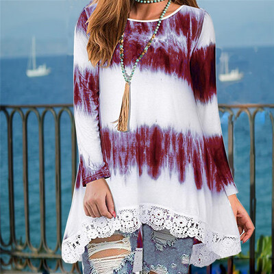 

Women Sexy Tops Round Collar Print Openwork Lace Stitching Loose Long Sleeve Casual T-Shirt Tops