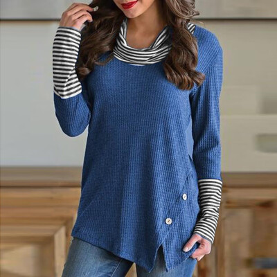 

Tailored Womens Splice Stripe Button Long Sleeve Cowl Neck Knit Lady Pullover Tops Blouse