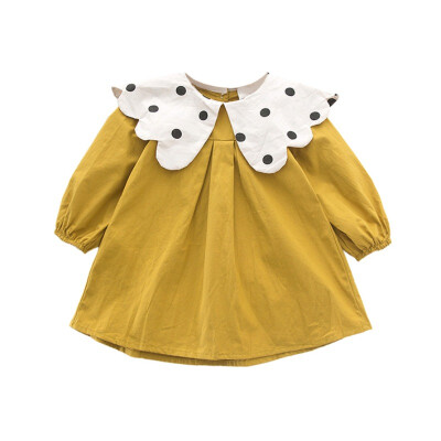 

Spring Autumn New Baby Kids Girls Cotton Long Sleeve Dress Dots Doll Collar Solid Color Princess Skirt High Waist Button Dresses