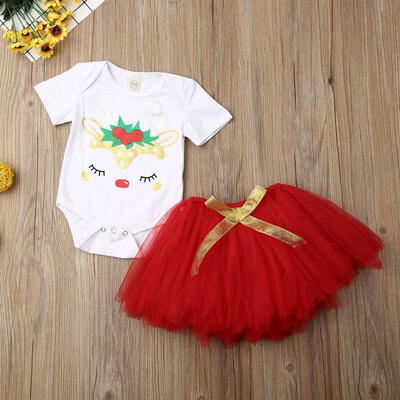 

Christmas Infants Baby Girl Red Tutu Skirt Outfits Unicorn Printed Short Sleeve Bodysuits White Skirt Clothes 2 Pieces 0-24M