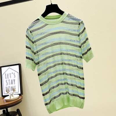 

Short Sleeve Striped Knitted Tops Blouse Ladies Loose T-Shirt