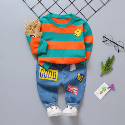 

Autumn Baby Boy Girl 2pcs Sets Striped Print Long Sleeve Sweatshirt Blouse Letters Trousers Casual Outfits Clothes