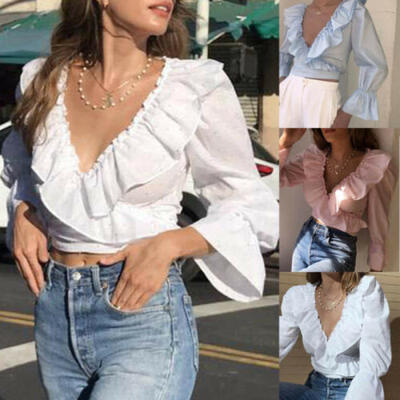 

Womens Lady Fashion Ruffled V-Neck Crop Top Long Puff Sleeve Blouse T-Shirt Tops