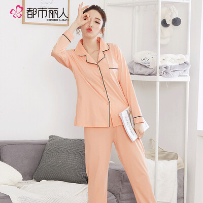 

Urban beauty pajamas womens suit couple models long-sleeved thin section comfortable casual men&women models simple cardigan lapel home service set 2H81024H8101 shrimp powder - female models L