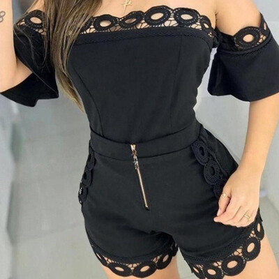 

Women Two Piece Streetwear Hollow Out Lace Detail Off Shoulder Short Sleeve Set