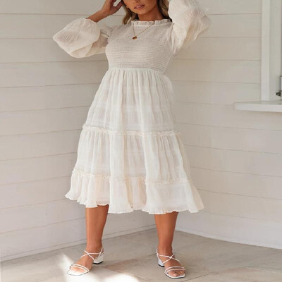 

Solid Ruched Bishop Long Sleeves Shirr Bustier Back Button Maxi Dress