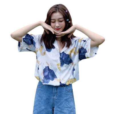 

2019 Women Fashion Summer Cartoon Printed Chiffon Blouse Shirt Female Short Sleeve Lapel Casual Blouse Women Tops