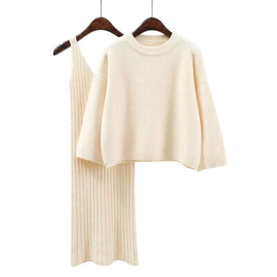 

Women Knitted Long Skirt Two-Piece Solid Color O Neck Pullover Slim Autumn Winter 2PCS Set