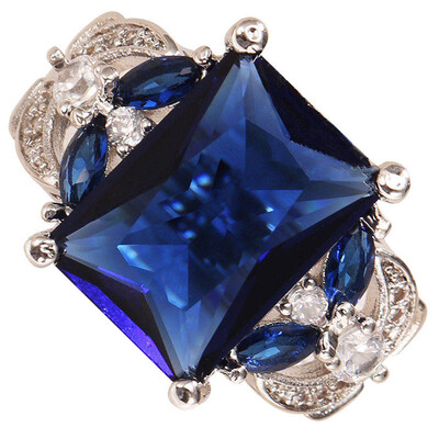 

925 Solid Sterling Silver Natural Gemstone Blue Sapphire Bride Wedding Engagement Ring Jewelry Size 6-10 Trendy