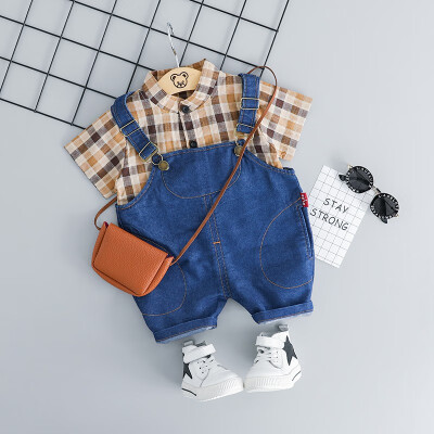 

Children Summer Kids Boys Girls Unisex Clothing Set Plaid Printed Long Sleeve T-shirt Lapel Collar Casual TopsDenim Bib Pants