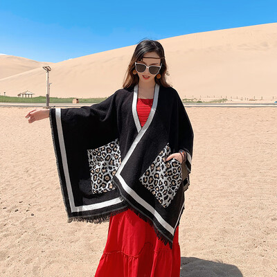 

Fallwinter ladies cape shawl retro national wind warm leopard print pocket woven cashmere split long shawl