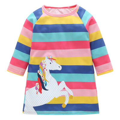 

New Fashion Childrens Dress Rainbow Striped Cartoon Printed Baby Girl Dress Long Sleeve Birthday Party Dress Outfits 1-7Y