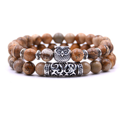 

18 Colors 2PcsSet Owl Lava Stone Bracelet Set Tiger Eye Stone Charm Bracelets Bangles