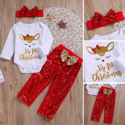 

Cute Newborn Baby GirlMy 1st Christmas"Romper Sequin Pants 3Pcs Outfits Clothes