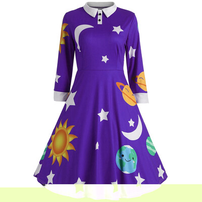 

Long Sleeve Sun Moon Star Print A-line Women Dress