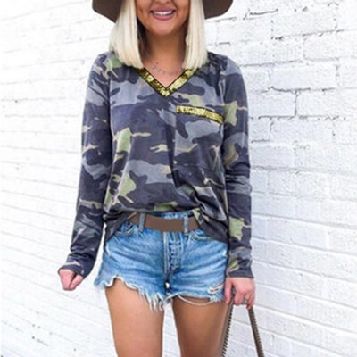 

Tailored Autumn And Winter Camouflage Printed V-Neck Long-Sleeved Fashion Shirt Women