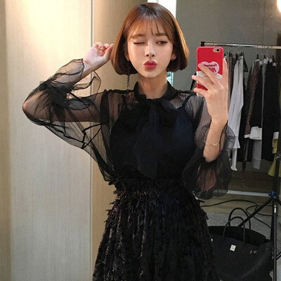 

Women Sexy See Through Mesh Shirt Autumn Long Sleeve Bow Tie Korean Sweet Female White Elegant Perspective Blouses