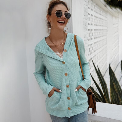 

Women Hooded Cardigan Coat Waffle Buttoned Long Sleeves Solid Spring Autumn Solid Vintage Casual Coat