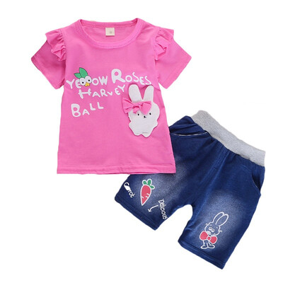 

Girls Clothes Summer Bow Cartoon Rabbit Short Sleeve Jeans 2pcs clothing Set
