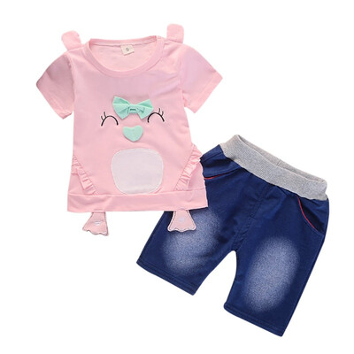 

Baby Girls Clothing Sets New Summer Girls Cothes Children Clothing Cartoon Print Penguin Short TopShortPants Suit 0-4T