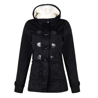 

Hooded Winter Women Thick Coat Cotton Jacket Casual Solid Color Fashion Long Horn Button Female Coat
