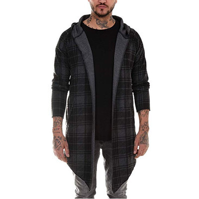 

Autumn And Winter Popular Plaid Print Hooded Coat Casual Men Lapel Long Coat Light Gray  Clothing