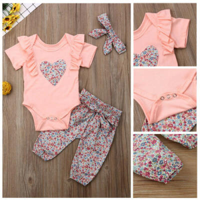 

USA Newborn Baby Girls Cotton Romper Floral PantsHeadband Summer Outfits Set