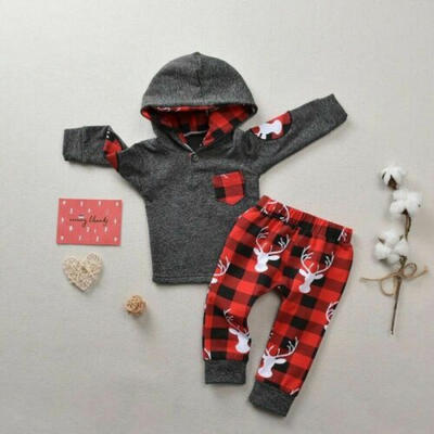 

US Christmas Toddler Baby Girls Boy Hood Top Elk Plaid Pants Outfit Clothes 2PCS