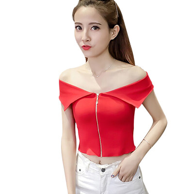 

New Summer Sexy Off Shoulder T Shirt Tops For Women Casual Sleeveless Short T-shirts Korean Fashion Zipper Cropped Tops