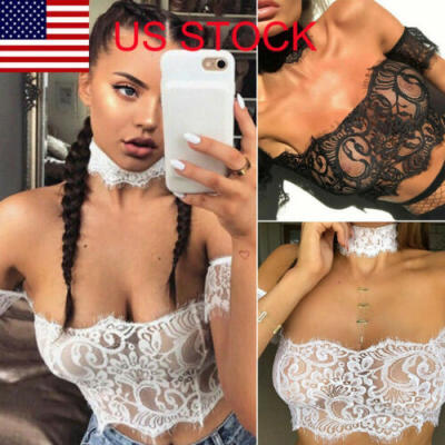 

USA Women Strapless Off Shoulder Crop Top Sheer Lace Short Sleeve Lingerie Sexy