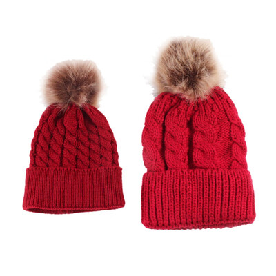 

2Pcs Cute Women Mother Baby Parent-child Hats Kids Boys Girls Knitted Crochet Warm Winter Knit Fur Hook Pompon Winter Caps